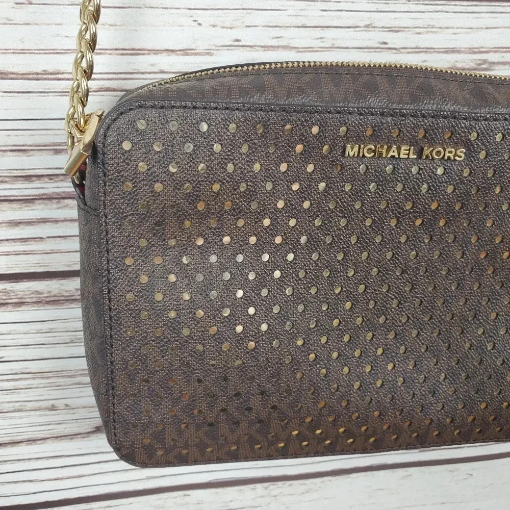 Michael Kors Jet Set East West Signature Brown/Red/Gold Perforated Crossbody Bag - Picture 3 of 16